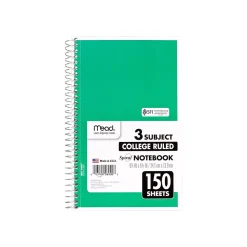 Subject Notebooks|Mead 3-Subject Notebooks, 6" x 9.5", College Ruled, 150 Sheets, Assorted Colors, 12/Carton (06900CT)
