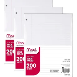 Filler Paper|Mead Wide Ruled Filler Paper, 10.5 x 8", White, 200 Sheets/Pack, 3 Packs (MEA15200-3)