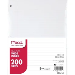 Filler Paper|Mead Wide Ruled Filler Paper, 8" x 10.5", 3-Hole Punched, 200 Sheets/Pack (15200)