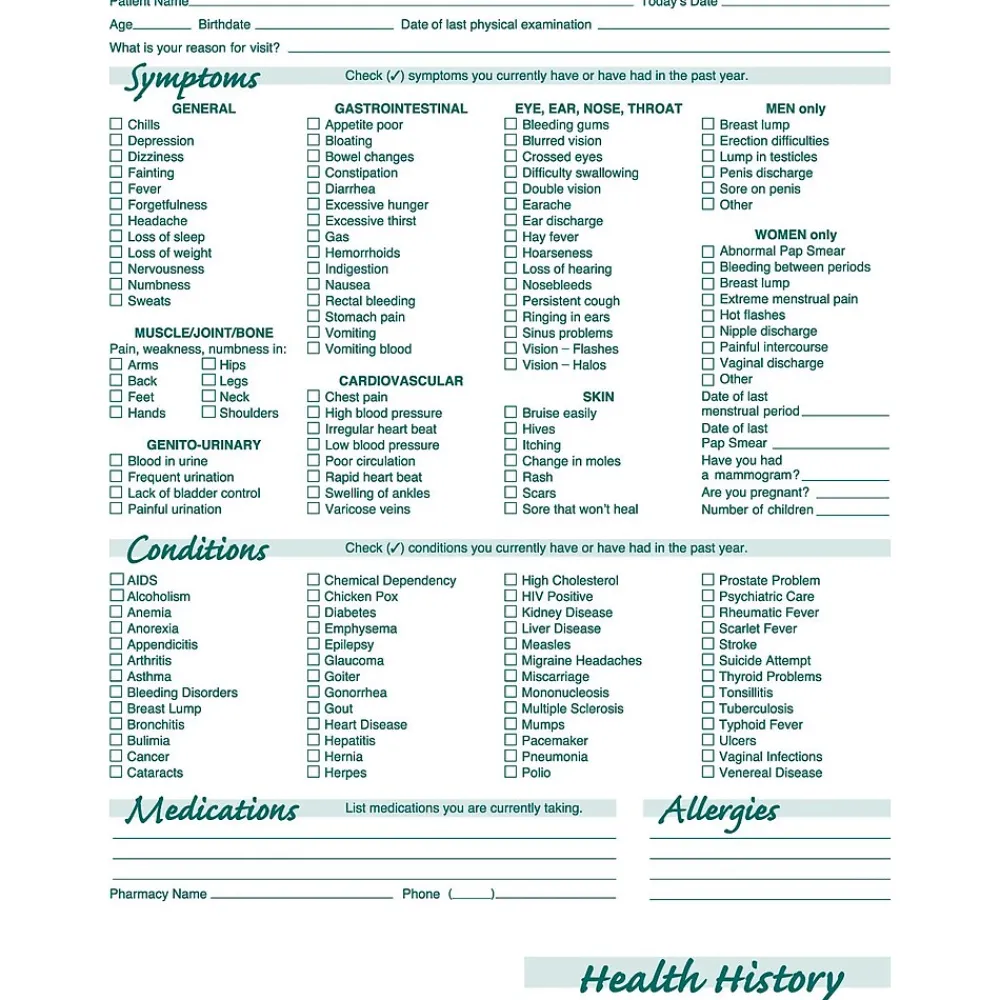 Medical Forms*Medical Arts Press ® Health History Patient Care Form, Green FormFamily™