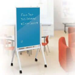 Dry Erase*MooreCo Visionary Curve Glass Mobile Dry-Erase Whiteboard, Metal Frame, 4' x 3' (74957-BLUE)