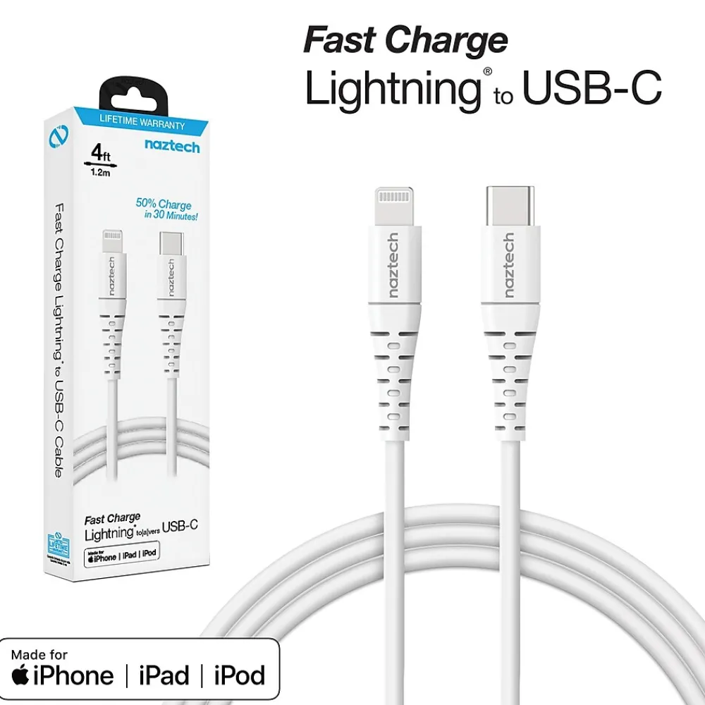 Naztech 14138 4 ft. Fast Charge MFi Lightning to USB-C Cable, White