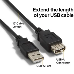 NXT Technologies ™ 15' USB A to USB A Cable, Male to Female, Black (NX29741)