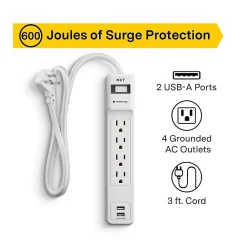 NXT Technologies ™ 4-Outlet Plus USB Surge Protector, 3' Cord, 600 Joules (NX54310)