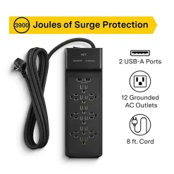 NXT Technologies ™ 12-Outlet Plus USB Surge Protector, 8' Braided Cord, 3900 Joules (NX54319)