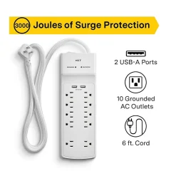 NXT Technologies ™ 10-Outlet Plus USB Surge Protector, 6' Cord, 3000 Joules (NX54318)