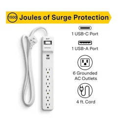 NXT Technologies ™ 6-Outlet Plus USB Surge Protector, 4' Cord, 1500 Joules (NX61426)