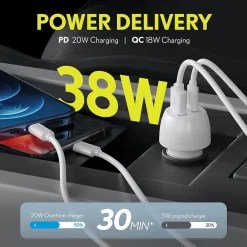 Dual USB-A/USB-C Universal Car Charger, White (OTC2USB2ASL)<Overtime Clearance