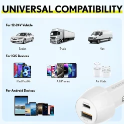 Dual USB-A/USB-C Universal Car Charger, White (OTC2USB2ASL)<Overtime Clearance