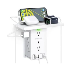 Overtime Wall Outlet Shelf, 8 Outlets and 3 USB Ports, Surge Protector, White (OTWP8O3USB)