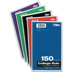 Subject Notebooks|Oxford 3-Subject Notebook, 6" x 9 1/2", College Ruled, 150 Sheets, Assorted Colors (65362)