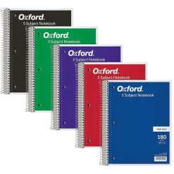 Subject Notebooks|Oxford 5-Subject Subject Notebooks, 8" x 10.5", Wide Ruled, 180 Sheets, Each (65058)