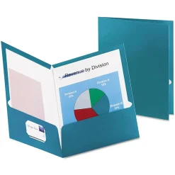 Pocket Folders|Oxford Two-Pocket Laminated Folder, 100-Sheet Capacity, Metallic Teal, 25/Box