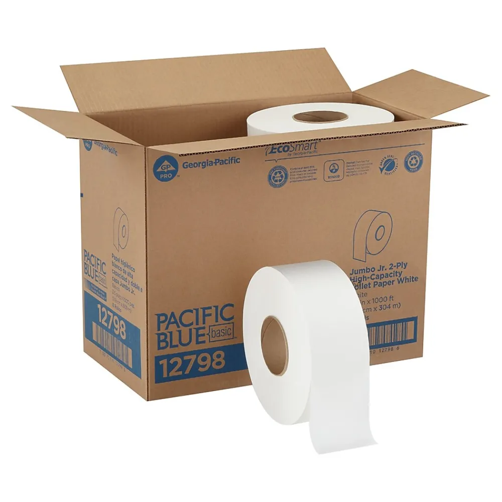 Pacific Blue Recycled Jumbo Jr. Toilet Paper, 2-Ply, White, 1000 ft./Roll, 8 Rolls/Carton (12798)<Pacific Blue Basic Best