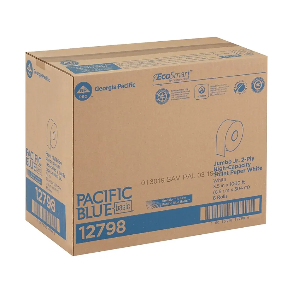 Pacific Blue Recycled Jumbo Jr. Toilet Paper, 2-Ply, White, 1000 ft./Roll, 8 Rolls/Carton (12798)<Pacific Blue Basic Best