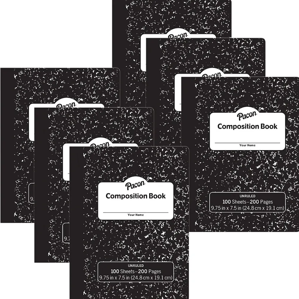 Composition Notebooks|Pacon Composition Notebook, 9.75" x 7.5", 100 Sheets, Black, 6/Bundle (PACMMK37145-6)