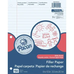 Filler Paper|Pacon Wide Ruled Filler Paper, 8" x 10.5", 3-Hole Punched, 150 Sheets/Pack, 6 Packs/Bundle (PACMMK09250-6)