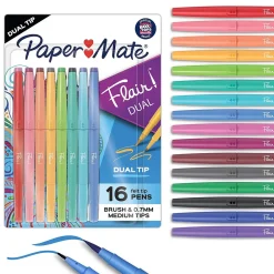 Pens|Paper Mate Flair! DUAL Calligraphy Pens, Brush/Medium Tips, Assorted Colors, 16/Pack (2181607)