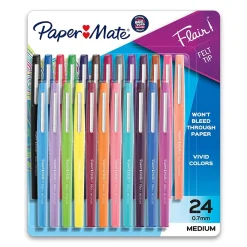 Pens|Paper Mate Flair Felt Pens, Medium Point, 0.7mm, Assorted Ink, 24/Pack (1978998)
