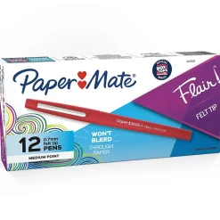 Pens|Paper Mate Flair Felt Pen, Medium Point, 0.7mm, Red Ink, Dozen (8420152)