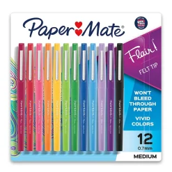 Pens|Paper Mate Flair Felt Pens, Medium Point, 0.7mm, Assorted Ink, Dozen (74423)