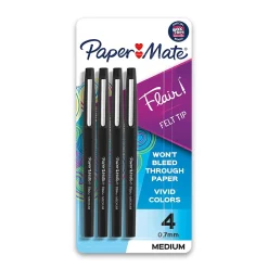 Pens|Paper Mate Flair Felt Pen, Medium Point, 0.7mm, Black Ink, 4 Pack (84344)