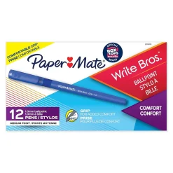 Pens|Paper Mate Write Bros. Grip Ballpoint Pen, Medium Point, Blue Ink, Dozen (8808087)