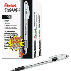 Pens|Pentel R.S.V.P. Ballpoint Stick Pens, Fine Point, Black Ink with Clear Barrel, 24/Pack (BK90ASW2)