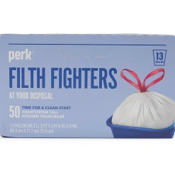 ⢠13 Gallon Kitchen Trash Bag, 28" x 24", Low Density, 0.9 mil, White, 50 Bags/Box (PK56745)<Perk Best