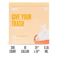 ™ 10 Gallon Kitchen Trash Bag, 24" x 24", High Density, 0.36 mil, Clear, 300 Bags/Box (PK56746)<Perk Sale
