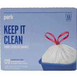 ⢠13 Gallon Kitchen Trash Bag, 28" x 24", Low Density, 0.9 mil, White, 120 Bags/Box, 3 Boxes/Carton (PK56750CT)<Perk Discount