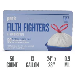 ™ 13 Gallon Kitchen Trash Bag, 28" x 24", Low Density, 0.9 mil, White, 50 Bags/Box, 6 Boxes/Carton (PK56745CT)<Perk Clearance