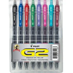 Pens|Pilot G2 Retractable Gel Pens, Fine Point, Assorted Ink, 8/Pack (31128)
