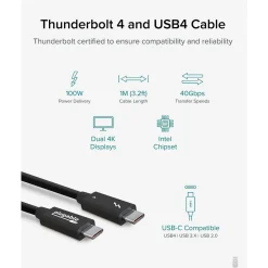 Plugable 3.3' USB C Power Cable, Black (TBT4-40G1M)