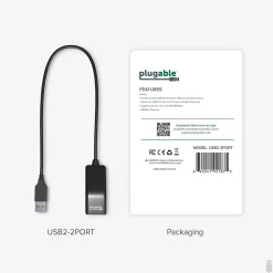 Plugable 2-Port USB 2.0 Hub, Black (USB2-2PORT)