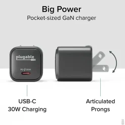 30W GaN USB C Charger Block, Black (PS-30C1B)<Plugable Outlet
