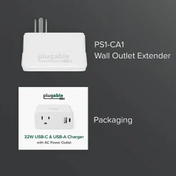 Wall Outlet Extender with USB-C and USB Charger, White (PS1-CA1)<Plugable Hot