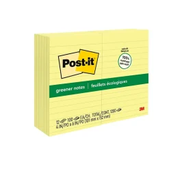 Post-It Notes*Post-it Greener Recycled Notes, 4" x 6", Canary Collection, Lined, 100 Sheet/Pad, 12 Pads/Pack (660RPYW)