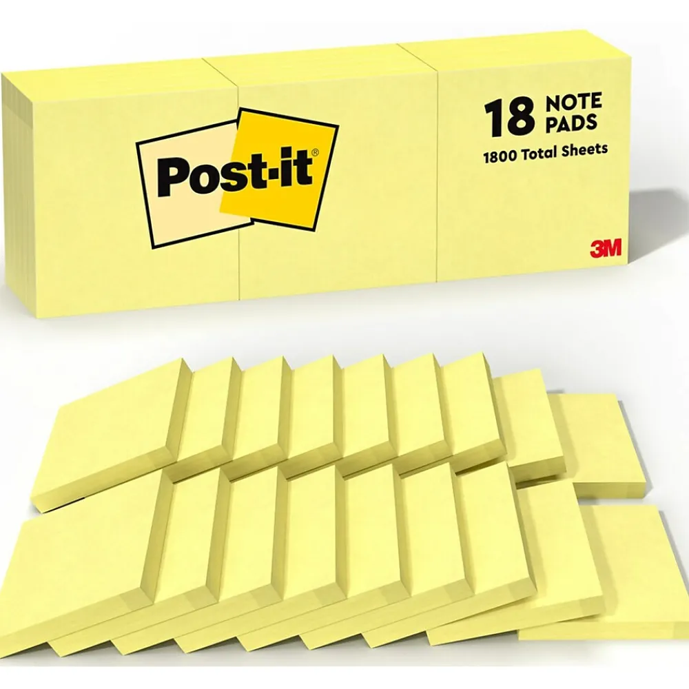 Post-It Notes*Post-it Notes, 3" x 3", Canary Collection, 100 Sheet/Pad, 18 Pads/Pack (654-14+4YW) Canary Yellow