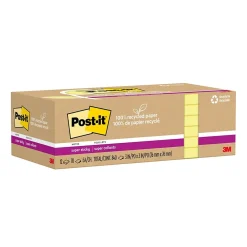 Post-It Notes*Post-it Recycled Super Sticky Notes, 3" x 3", Canary Collection, 70 Sheet/Pad, 12 Pads/Pack (654R-12SSCY)