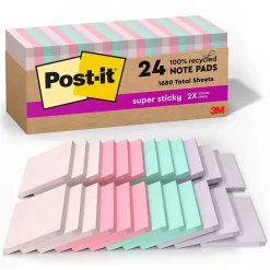 Post-It Notes*Post-it Recycled Super Sticky Notes, 3" x 3", Wanderlust Pastels Collection, 70 Sheet/Pad, 24 Pads/Pack (654R-24SSNRPCP)