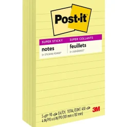 Post-It Notes*Post-it Super Sticky Notes, 4" x 6", Canary Collection, Lined, 90 Sheet/Pad, 5 Pads/Pack (6605SSCY)