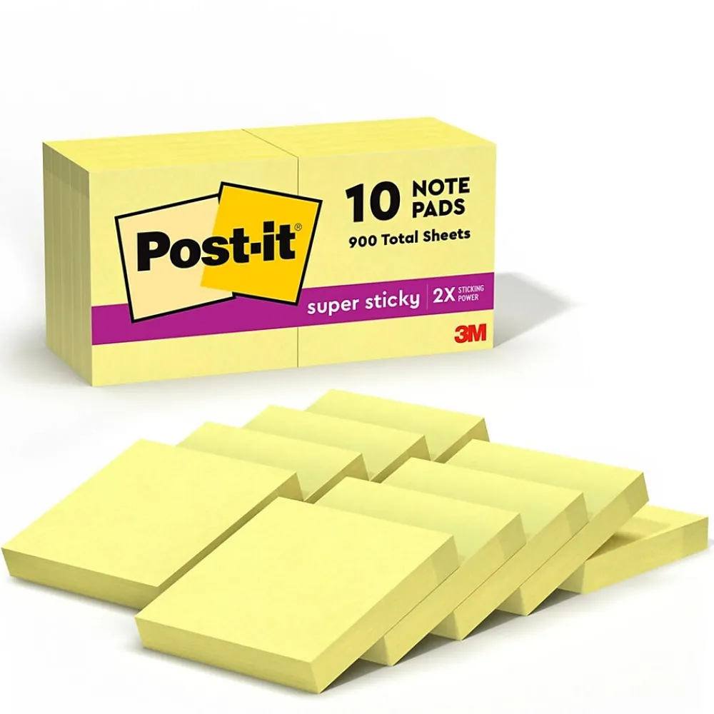 Sticky Notes*Post-it Super Sticky Notes, 1 7/8" x 1 7/8", Canary Collection, 90 Sheet/Pad, 10 Pads/Pack (62210SSCY)