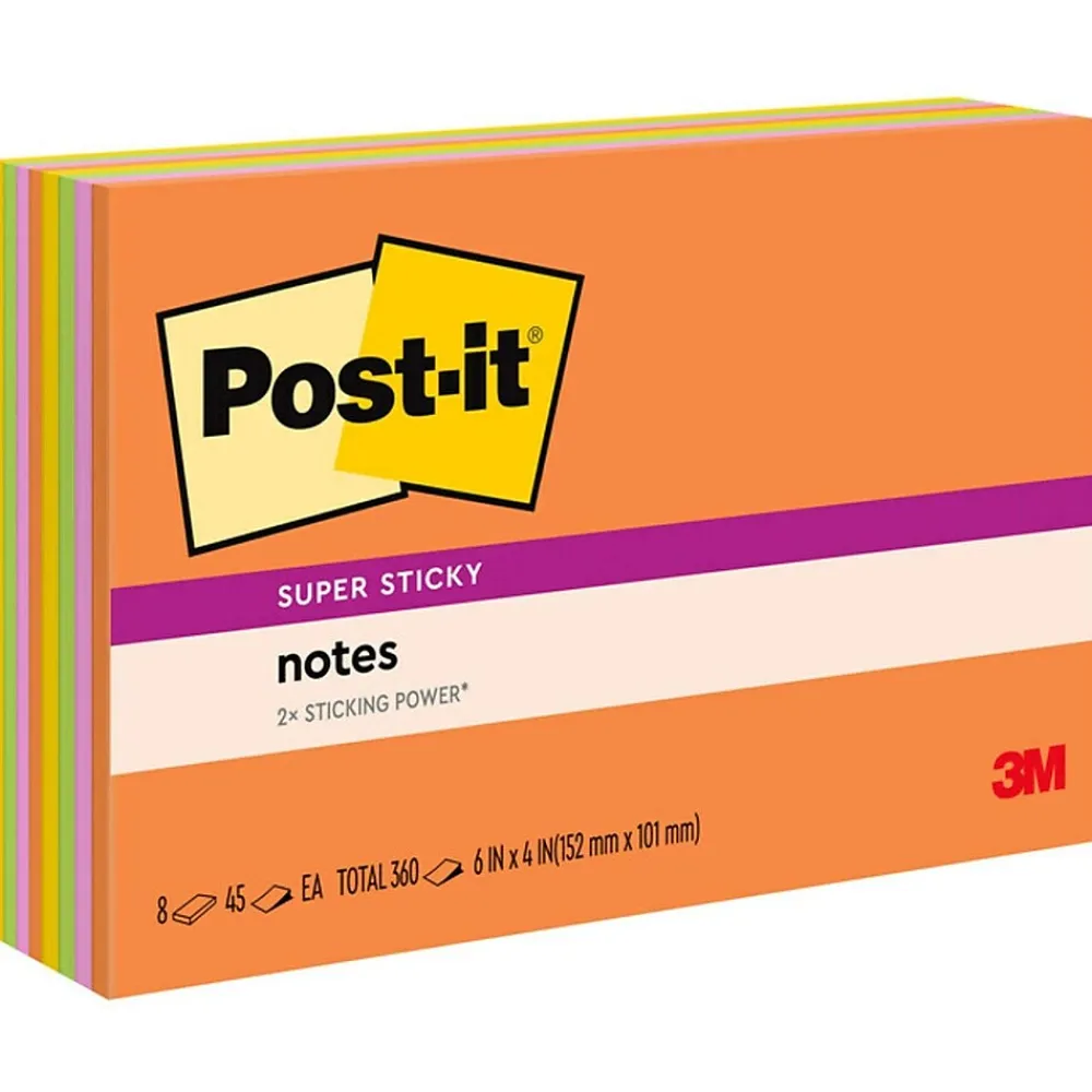 Sticky Notes*Post-it Super Sticky Notes, 4" x 6", Energy Boost Collection, 45 Sheet/Pad, 8 Pads/Pack (6445SSP)