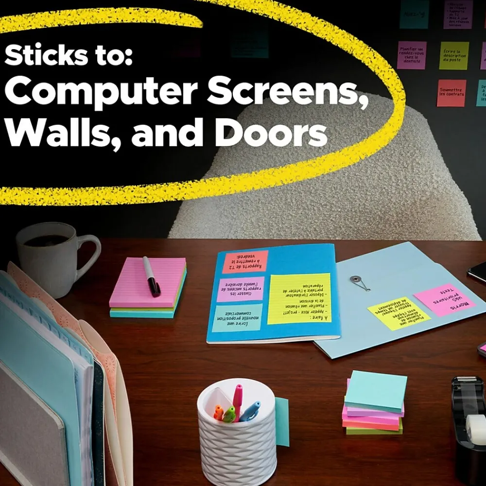 Sticky Notes*Post-it Super Sticky Notes, 4" x 4", Canary Collection, Lined, 90 Sheet/Pad, 12 Pads/Pack (675-12SSCP)