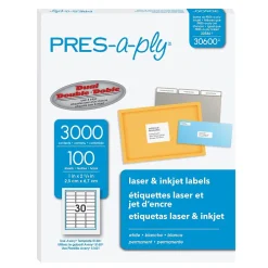 Labels|Pres-a-ply Laser/Inkjet Address Labels, 1" x 2-5/8", White, 3,000 Labels/Box (30600)