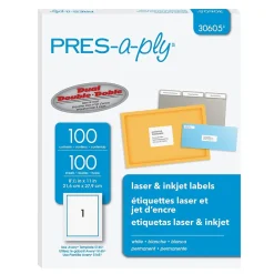 Hot Pres-a-ply Laser/Inkjet Shipping Labels, 8-1/2" x 11", White, 100 Labels/Box (30605)