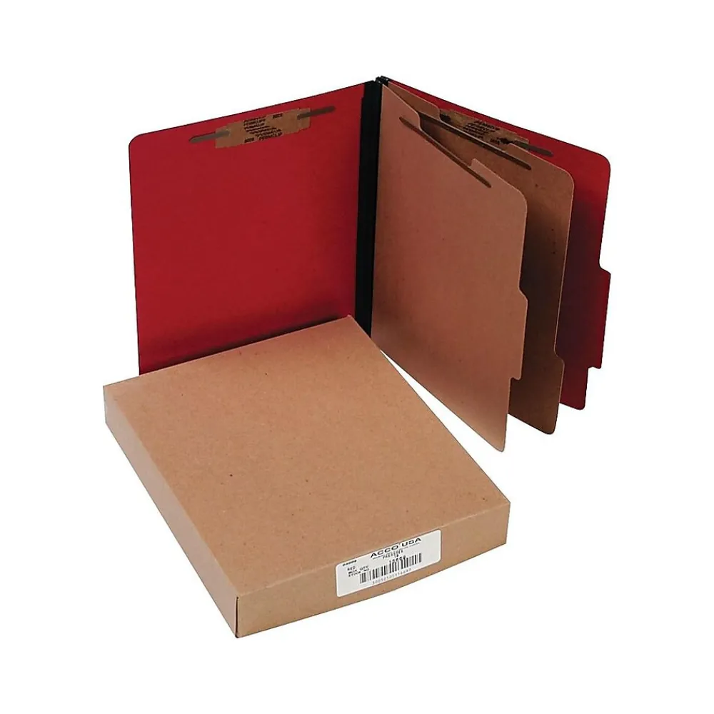 File Folders|ACCO Presstex Color-Coded Top-Tab Folders with Fasteners, 2 Partition/6 Fasteners, , Letter Size, Holds 8 1/2" x 11", 10/Box Red