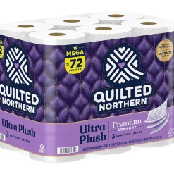 Ultra Plush Toilet Paper, 3-ply, White, 255 Sheets/Roll, 18 Rolls/Case (876045/874685)<Quilted Northern Best