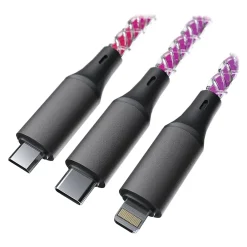 Light-up LED 3-in-1 USB to Lightning, Micro USB & USB-C Cable, 4-ft., Multicolored (RACLED110-23E-WHI)<Raycon Online